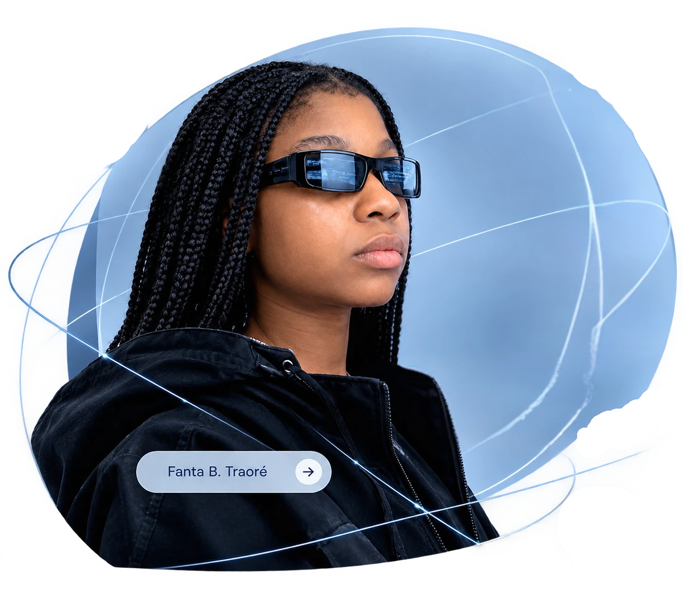Fanta Bata Traoré (Fanta B. Traoré), développeuse web et mobile, portrait avec éléments graphiques de verre symbolisant le code, l'UI/UX et l'innovation